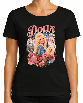 Immagine prodotto di Maglietta da donna, colore nero, taglia M, con stampa retrò raffigurante Dolly Parton, cantante di musica country, in stile cowgirl, con una chitarra western