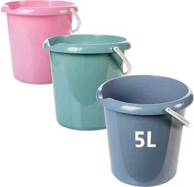 Produktbild von Putzeimer 5 L, 3er Set mit Ausguss und Messskala, Haushaltseimer aus robustem Kunststoff, Grau Grün Rosa, weiße Griffe,