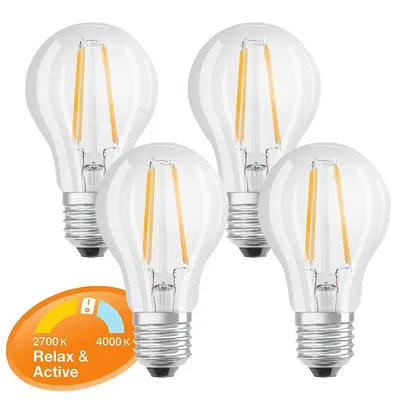 Image de 4 x Osram LED filament ampoule forme poire A60 7W = 60W E27 clair 806lm FS Relax & Active par commutateur d'éclairage blanc chaud & blanc froid