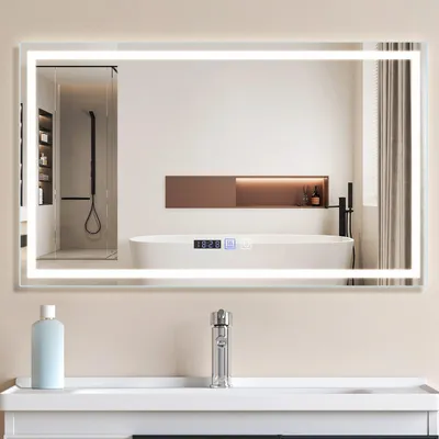 Image de Miroir de salle de bain ZMH avec éclairage 100 x 60 cm Miroir mural  IP44 avec horloge tactile Fonction anti-buée Miroir lumineux Intensité réglable 3000 K-6500 K