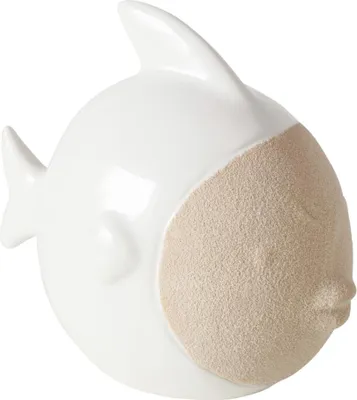 A white ceramic fish figurine with a textured beige section on its side, shown against a white background.