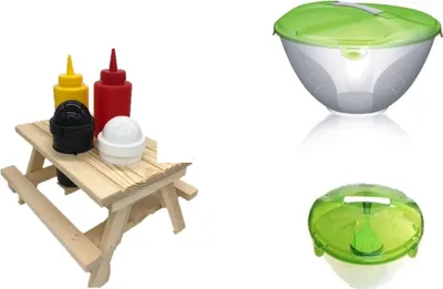 Produktbild von Salatschüssel Set, 3teilig + Holz-Gartenbank,  Kunststoff-Salz- & Pfefferstreuer, Senf- & Ketchup-Flasche,
