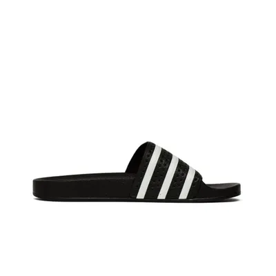 A single black Adidas Adilette slide sandal with white stripes is shown from the side against a white background.