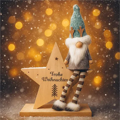 Produktbild von Holzstern mit Weihnachtswichtel und Aufschrift Frohe Weihnachten