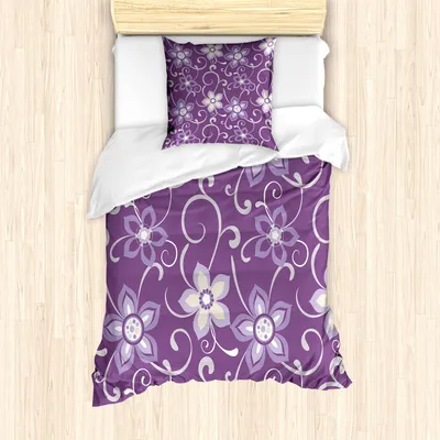 Produktbild von ABAKUHAUS Aubergine Mantele, Flieder mit Blättern, Milbensicher Allergiker geeignet mit Kissenbezügen, 135 cm x 200 cm - 80 x 80 cm, lila Weiß