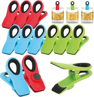 A collection of colorful bag clips arranged in rows and groups, with some shown in use on bags of pasta.