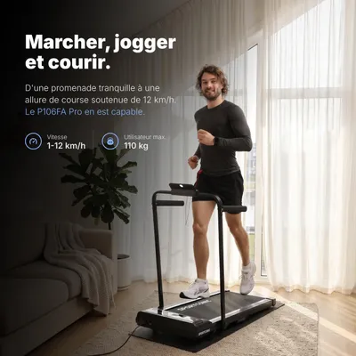 Image de Sportconic Tapis de Marche Pliable P106FA Pro – Télécommande – Inclinaison 9% – Écran LED – Clip de Sécurité – Noir