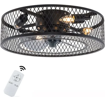 A black ceiling fan with integrated lights and a remote control.