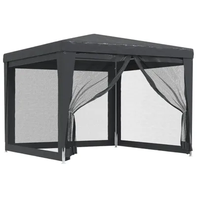 A dark gray gazebo with mesh sides is shown against a white background.