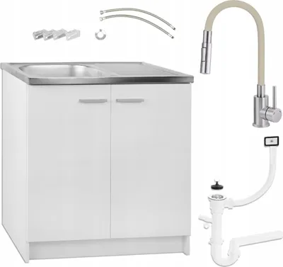 A white kitchen cabinet with a stainless steel sink and a beige pull-out faucet, along with plumbing parts, displayed against a white background.