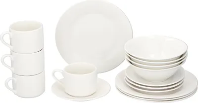 Produktbild von alpina Geschirrset 4 Personen Frühstück Teller- und Schüssel Set - Steingut Geschirr Set - Frühstücksteller, Schüsseln, Tassen und Untertassen - Mikrowellen- und Spülmaschinenfest - Weiß