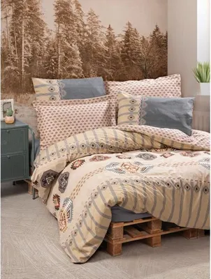 Produktbild von Bettwäsche-Set, 220 x 240 cm, 100% Baumwolle Renforcé, 2 Kissenbezüge 60 x 60 cm, Beige Grau Orange Rot, Knopfverschluss, 145 Fadenzahl