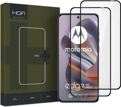 A product shot of a phone screen protector packaging and the screen protectors themselves, with a phone displaying a Motorola logo and branding.