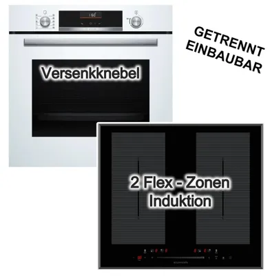 Produktbild von Herdset Bosch Einbaubackofen Air Fry 3D-Heißluft weiß + Wolkenstein Induktionskochfeld Booster Doppel-Flexzonen