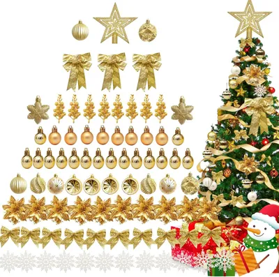 Productafbeelding van Kerstboomdecoratie - Set van 88 - Kerstboomversiering - Kerstballen - Gouden kerstboomversiering met kerstbloemen