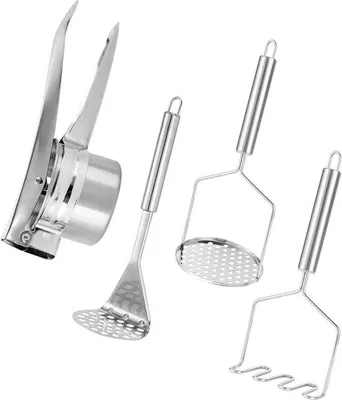 Productafbeelding van Unyqoos® Aardappelstamper-set van roestvrij staal, 4-delig – 1 aardappelpers Ø9 cm (hoogte 10 cm, steel 27 cm) + 3 stampers (25,5×10; 25,5×8,3; 23,5×9 cm), vaatwasmachinebestendig