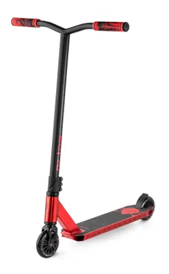 A red and black stunt scooter is shown against a white background.