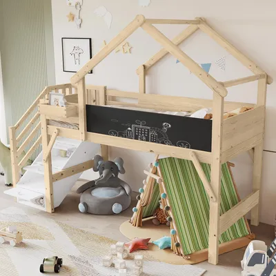 Produktbild von Etagenbett mit Dachdesign, bemalbarer Tafel, Fallschutzgitter & Stauraumtreppe, Kiefer+MDF, Weiß+Natur, 90x200cm