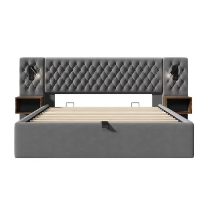 Produktbild von okwish Boxspringbett Polsterbett 180 x 200 cm mit USB-Ladeanschluss und Leselicht, Doppelbett Stauraumbett mit 2 Nachttischen und 4 Schubladen(Ohne Matratze)- Grau