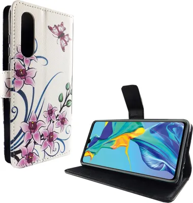 Produktbild von Huawei P30 Tasche Handy Hülle Schutz-Cover Flip-Case mit Kartenfach Lotusblume