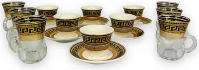 Obrázek produktu pro 18dílný kávový servis Čajová souprava pro 6 osob Medusa Meander Zlaté šálky na espresso Demitasse a čajové sklenice s podšálky Luxury Pure 100 ml v dárkovém balení