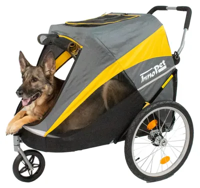 Produktbild von Großer Hundewagen - Innopet Hercules 2.0 Gelb/Grau - Heavy Duty Buggy Rahmen bis 50kg belastbar -inkl. Regenschutz - hintere 45cm Luftreifen/vorne pannensicheres EFA Rad - ohne Werkzeug aufzubauen