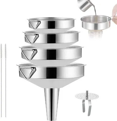 Image de Ensemble de 4 entonnoirs en acier inoxydable Unyqoos® (diamètre 8/10/12/14 cm), fabriqués en acier inoxydable 304, avec passoire amovible et 2 brosses de nettoyage – idéal pour la confiture