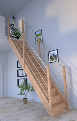 Produktbild von Holztreppe Rhodos in gerader Ausführung-Eiche-Holz-Edelstahl Geländer-beidseitig-mit Setzstufen
