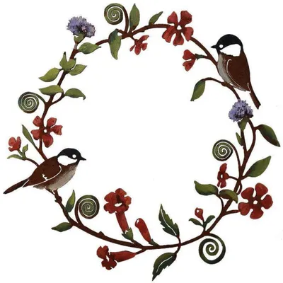 Metallkranz mit Blättern, Blumen und Vögelchen, rostfarben, 30 cm