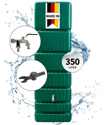 Produktbild von 4rain SLIM Regentonne Wandtank Komplett-Set 350 Liter dunkelgrün inkl. Chrom-Doppelauslaufhahn und Fallrohranschluss