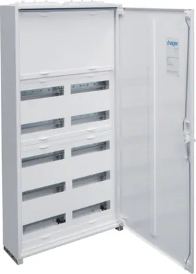 An open white electrical distribution box with multiple compartments.