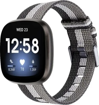 Produktbild von Strap-it® Fitbit Versa 3 Gewebtes Nylon Schnallenriemen (Schwarz-Weiß-Grau) - Große: S/M