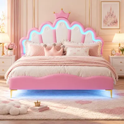 Produktbild von INONEFT Kinderbett Polsterbett 140x200 cm, Mädchenbett Prinzessinnenbett mit LED, Höhenverstellbares Kopfteil, Jugendbett Kronen-Design, PolyurethanRosa