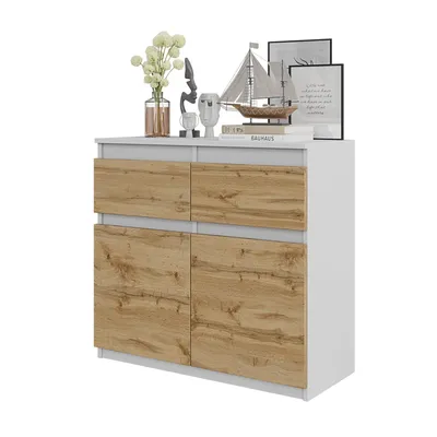 Zdjęcie produktu dla Komoda 80 Cm Biały Mat / Dąb Wotan 2 Szuflady, 2 Drzwi, 2 Półki, Salon, Sypialnia