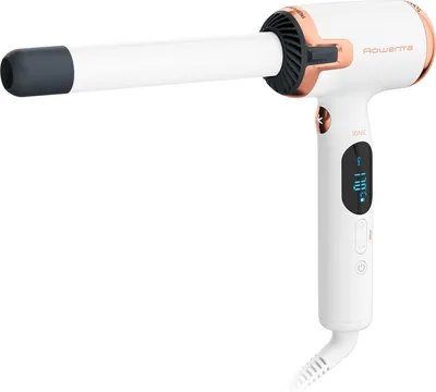 A white and rose gold Rowenta hair curler with a digital display is shown against a white background.