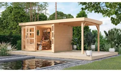 Produktbild von Gartenhaus Karibu Laharo 5 inkl. Anbaudach 2,4 m 554 x 262 cm natur