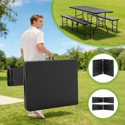 Produktbild von Camping-Tischset mit 2 Bänken - Klappbares 3-teiliges Set - 183 cm - Kunststoffgestell - Schwarz