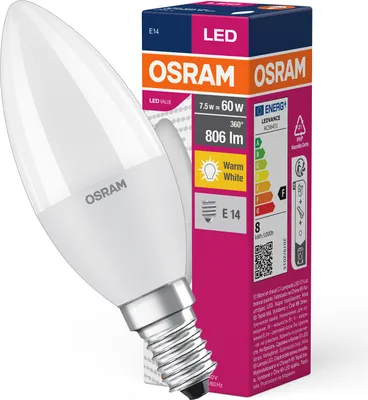 Zdjęcie produktu dla Żarówka LED E14 B39 7,5W = 60W 806lm 2700K Ciepła 180° OSRAM Value