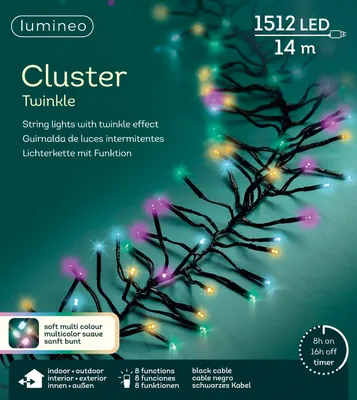 Produktbild von Lumineo Lichterkette CLUSTER TWINKLE 1512 LED 14 m Sanft BUNT, schwarz