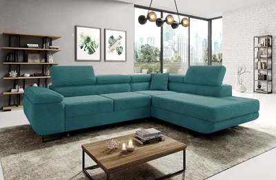 Produktbild von Avatar Kord Ecksofa in L-Form 277 x 73 x 203 cm mit Schlaffunktion und Bettzeugbehälter - Schlafsofa mit Bettkasten - Eckcouch mit Stauraum - Rechts - Farbe: Kord Türkis