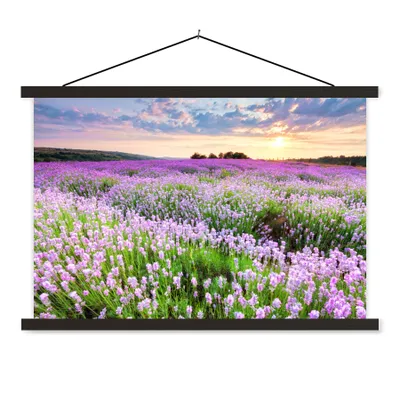 Produktbild von MuchoWow® Textilposter Lavendel - Blumen - Sonnenuntergang - Lila - Wiese 120x80 cm mit schwarzem Rahmen - Wanddeko