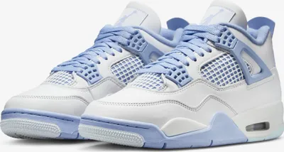 A pair of white and light blue Nike Air Jordan 4 Retro sneakers.