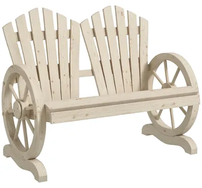 Produktbild von Gartenbank Landhausstil mit Wagenrad-Armlehnen, Tannenholz, 108x66x95 cm, Natur, 2-Sitzer, gebogene Rückenlehne, bis 250 kg
