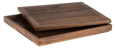Produktbild von APS 911 Brotschneidebrett GN 2/3, 35,4 x 32,5 cm, Höhe 3,5 cm, Walnussholz, herausnehmbares Krümelfach, Antirutsch-Füßchen