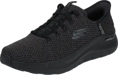A black Skechers sneaker is shown from a side angle against a white background.