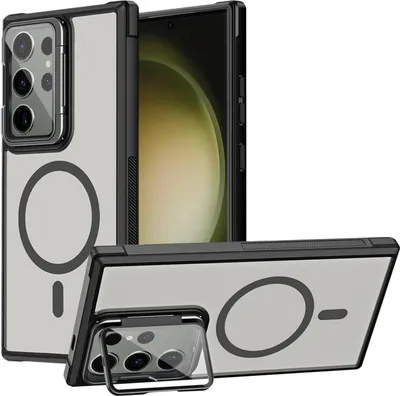 Produktbild von Conie MagSafe Schutzhülle für Samsung Galaxy S23 Ultra Hard Case Kunststoff Kamera Schutz Cover Hülle magnetisch mit Ständer in Schwarz