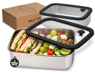 Produktbild von Lunchbox Edelstahl mit Glasdeckel 1100 ml - auslaufsichere Brotdose aus Edelstahl - Lunchbox für Kinder & Erwachsene - silber/blau