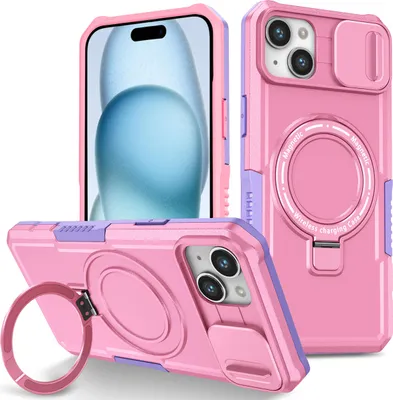 Produktbild von Handyhülle für iPhone 15 /iPhone 14 Kompatibel mit MagSafe, Robuste Hülle mit Schiebe Kamera Schutz, Magnetischer Ringständer Pink