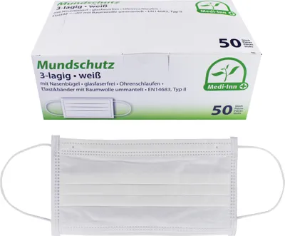 Produktbild von Medi-Inn Mundschutz Atemschutz mit Elastikbändern Typ II 3-lagig weiß (10 x 50 = 500 Stück)
