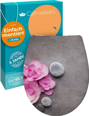 Produktbild von Calmwaters® WC Sitz Motiv Wellness Orchidee einfache Montage, Toilettendeckel bis 250 kg,  EU, antibakterieller Duroplast, Absenkautomatik, 2 Montage Optionen, abnehmbar, Klobrille, oval